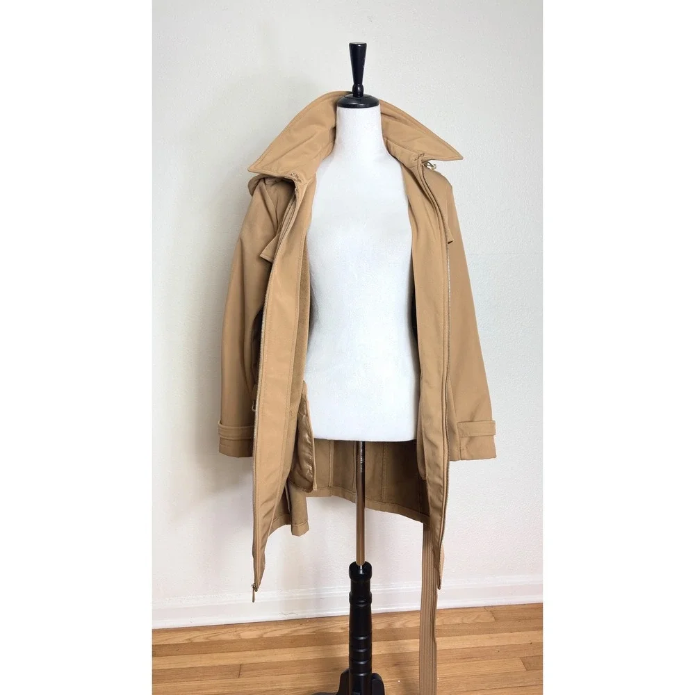Michael Kors Tan Hooded Zip Up Trench Coat Jacket Size Large Classic Chic Winter